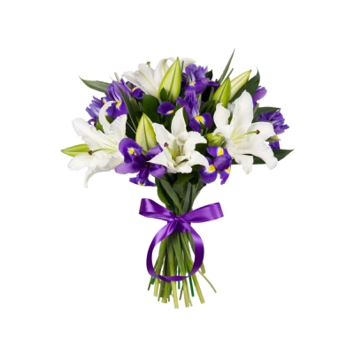 Букет Малый из белых лилий и голубых ирисов – гармония нежности и легкости Букет Малый из белых лилий и голубых ирисов – гармония нежности и легкости
