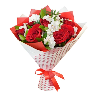Букет из красных роз и белоснежных альстромерий – гармония страсти и нежности Алатырь Чувашская Республика Букет из красных роз и белоснежных альстромерий – гармония страсти и нежности Алатырь Чувашская Республика