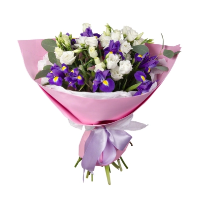 Букет «Подарок» – элегантная композиция из ирисов, эустом и эвкалипта Алатырь Чувашская Республика Букет «Подарок» – элегантная композиция из ирисов, эустом и эвкалипта Алатырь Чувашская Республика