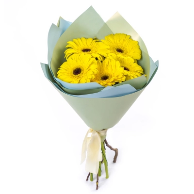 Яркий букет из 5 жёлтых гербер – как кусочек солнца в ваших руках Алатырь Чувашская Республика Яркий букет из 5 жёлтых гербер – как кусочек солнца в ваших руках Алатырь Чувашская Республика