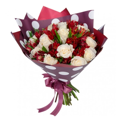 Букет из белых роз и красных альстромерий – гармония страсти и чистоты Алатырь Чувашская Республика Букет из белых роз и красных альстромерий – гармония страсти и чистоты Алатырь Чувашская Республика