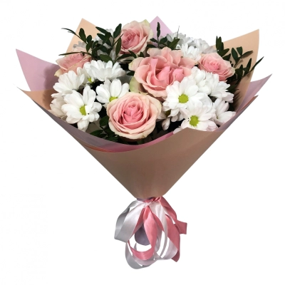 Букет из розовых роз и хризантем – нежность и долговечность Алатырь Чувашская Республика Букет из розовых роз и хризантем – нежность и долговечность Алатырь Чувашская Республика