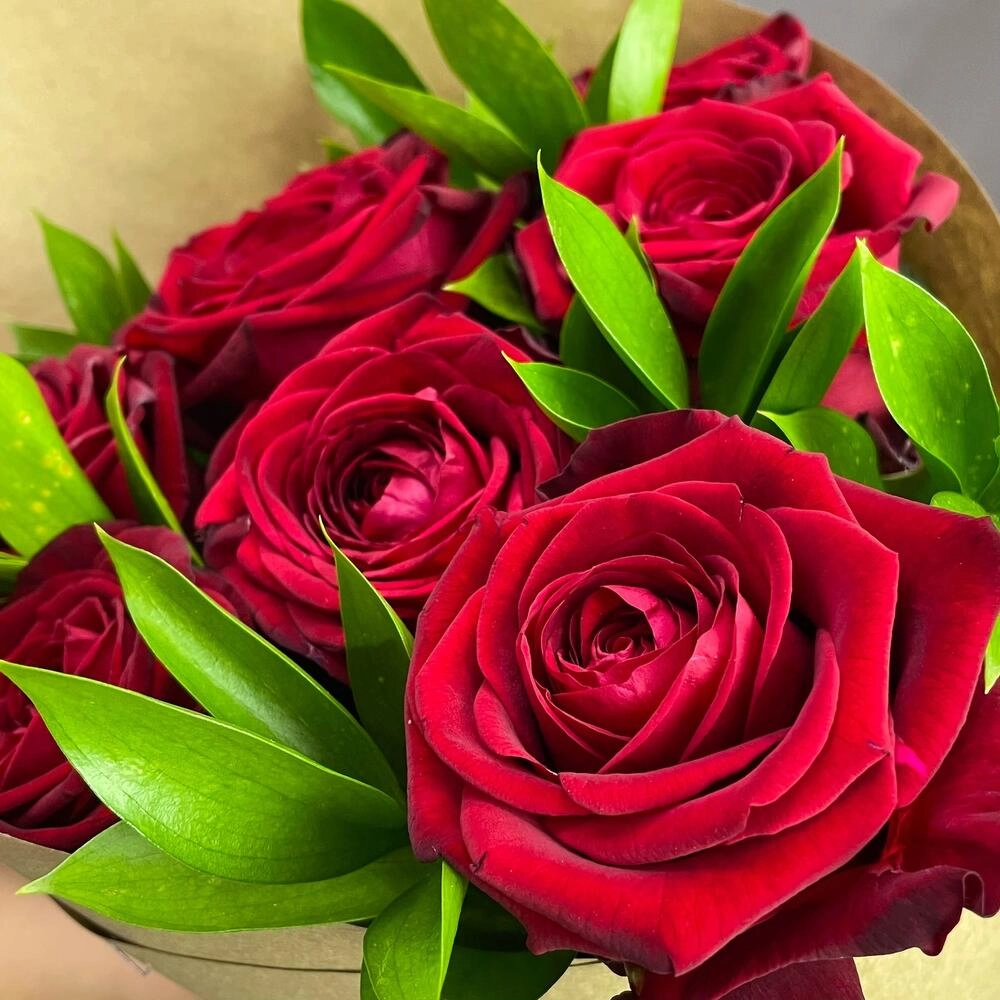 Букет из красных роз с рускусом в крафтовой упаковке – классика с изюминкой Алатырь Чувашская Республика Букет из красных роз с рускусом в крафтовой упаковке – классика с изюминкой Алатырь Чувашская Республика